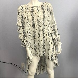 P Luca Milano Hi Low Black White Snakeskin Ruche Sleeve Lightweight Flowy Dress